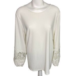 Dennis Basso White Round Neck‎ Lace Trim Balloon Sleeve Sz XL